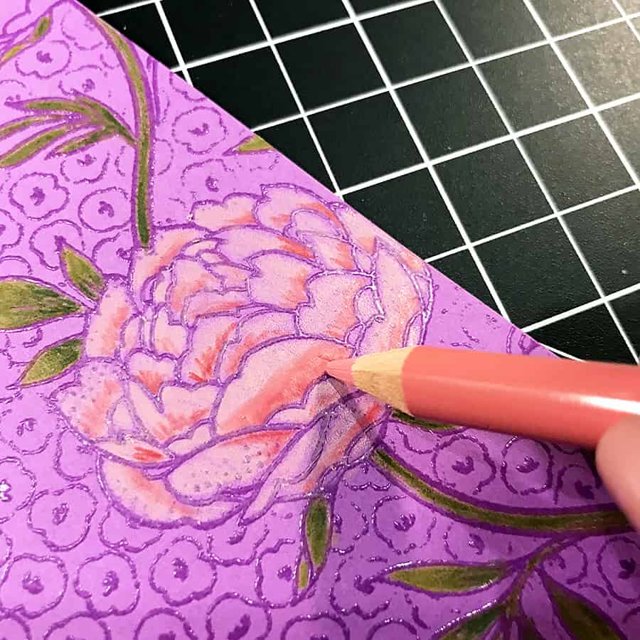 A Hand-Colored Floral Valentine, adding darker rosy colors to the inside of the flower
