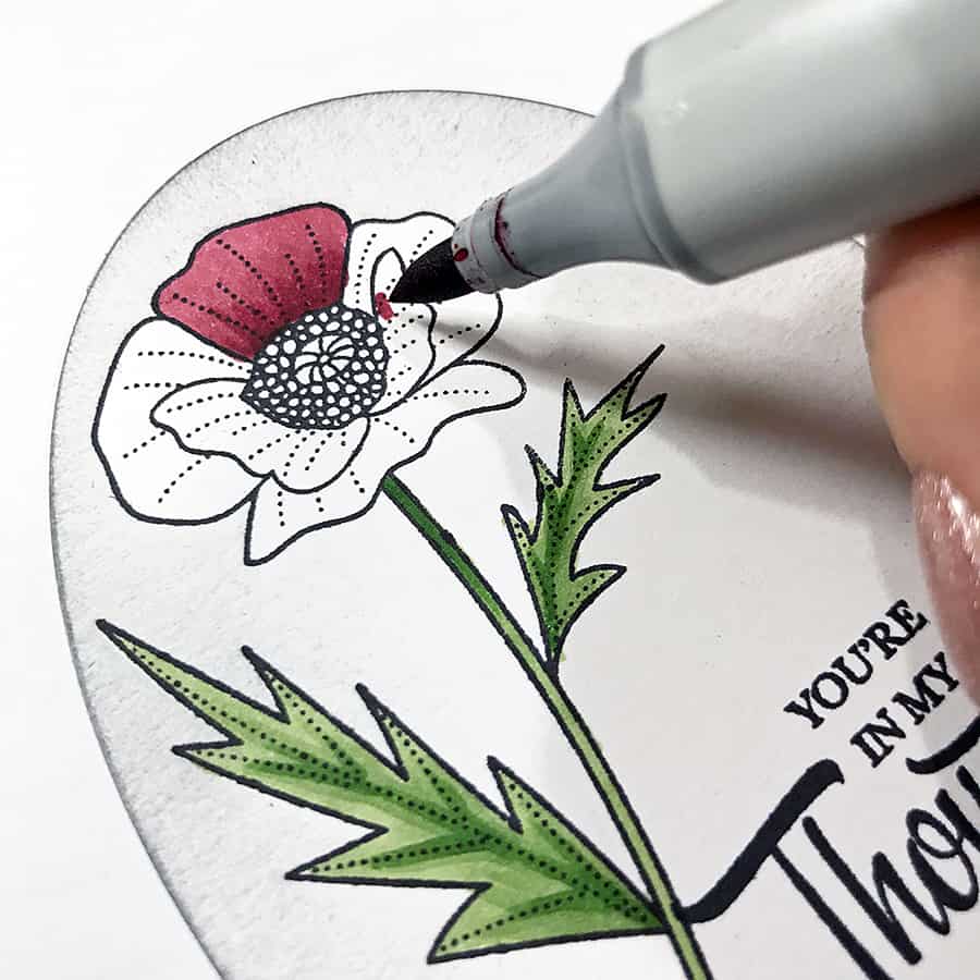 Coloring a Poppy With Copic Markers. Blending red ink on the poppy petals, one petal at a time